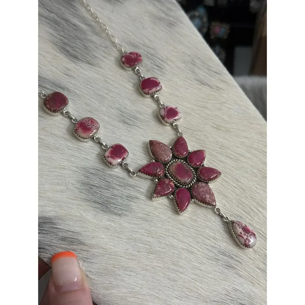 Native American SW Sterling Silver Pink Red Jasper Huge Cluster Necklace Lariat